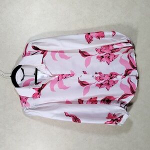 03540 Zara pink floral print satin long sleeve button blouse L NWT